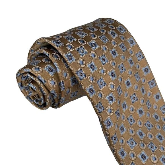 Ermenegildo Zegna Men's Contemporary Tie Gold Geometric Satin Silk 3.75" x 60.5" - Picture 6 of 7